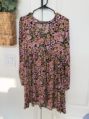 Billabong Black Floral Tunic with Pink and Olive Accents